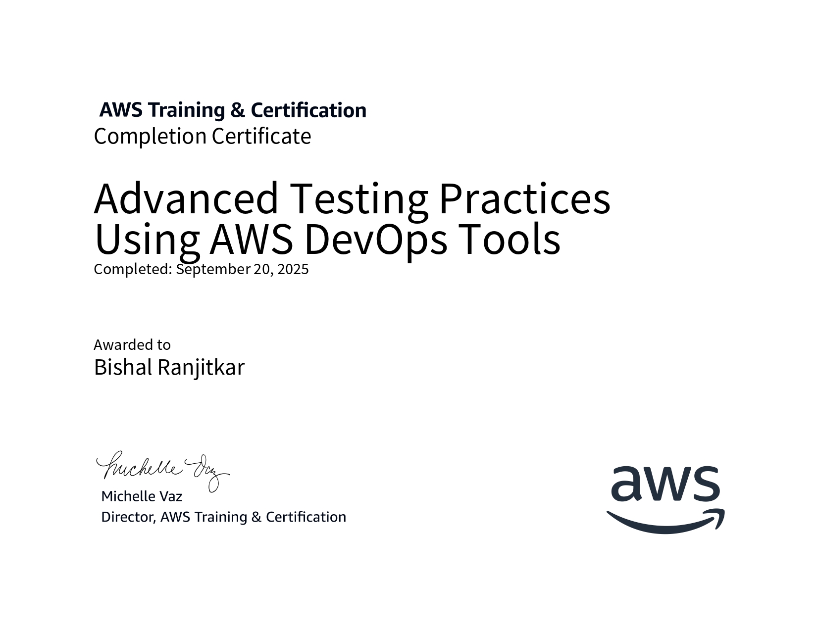 Advanced Testing Practices Using AWS DevOps Tools Certificate
